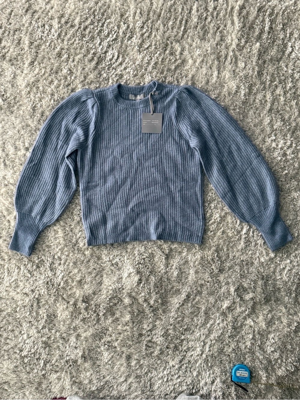 Blue Ribbed Puff-Sleeve Sweater - Picture 2 of 4